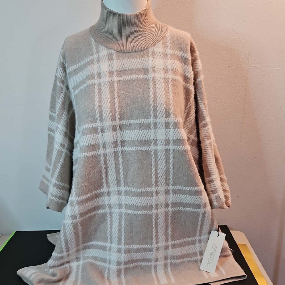 Rachel Zoe Beige Plaid Turtleneck Poncho Sweater